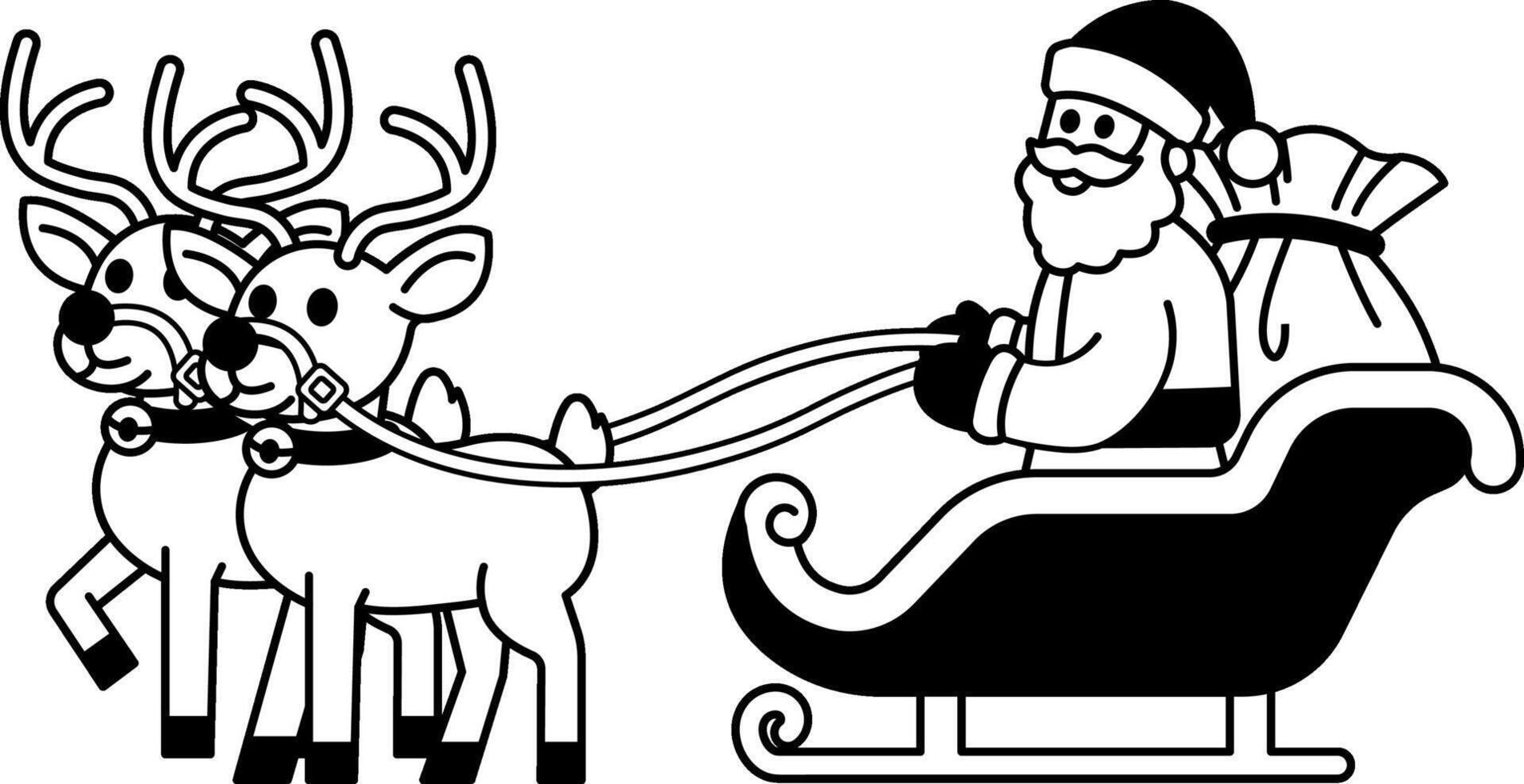 black and white illustration of Santa Claus pulling two reindeer in a sleigh vector