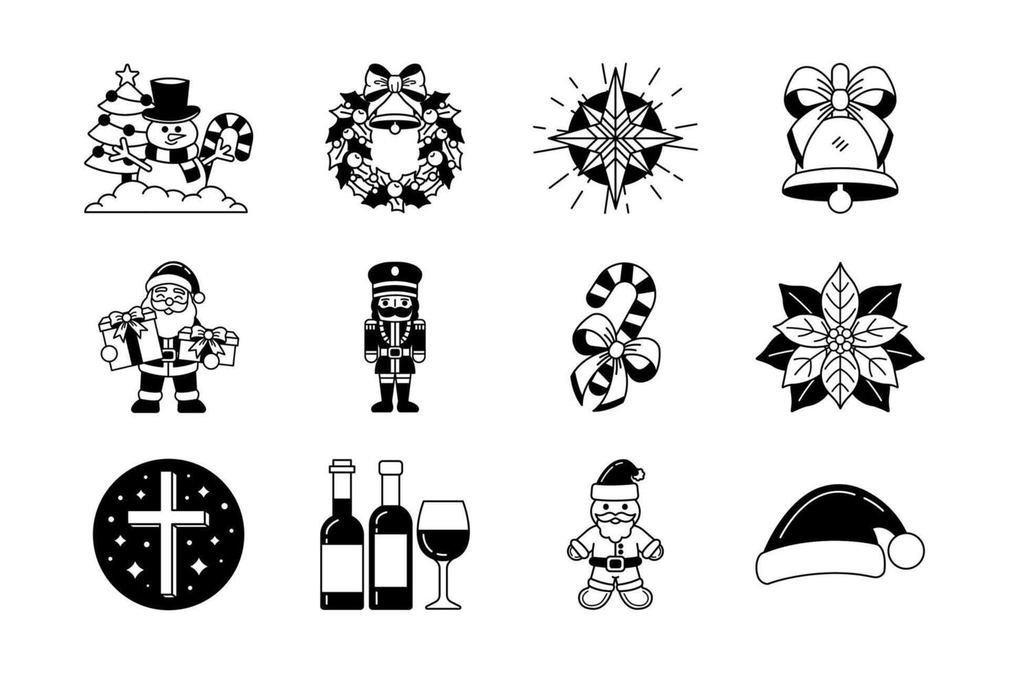 black and white illustration icons of christmas collection vector
