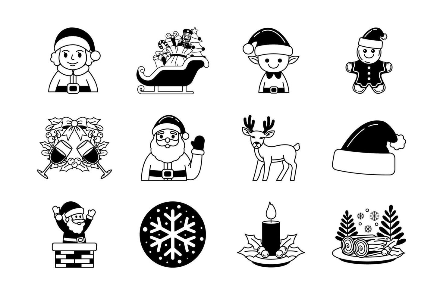 black and white illustration of christmas things collection vector