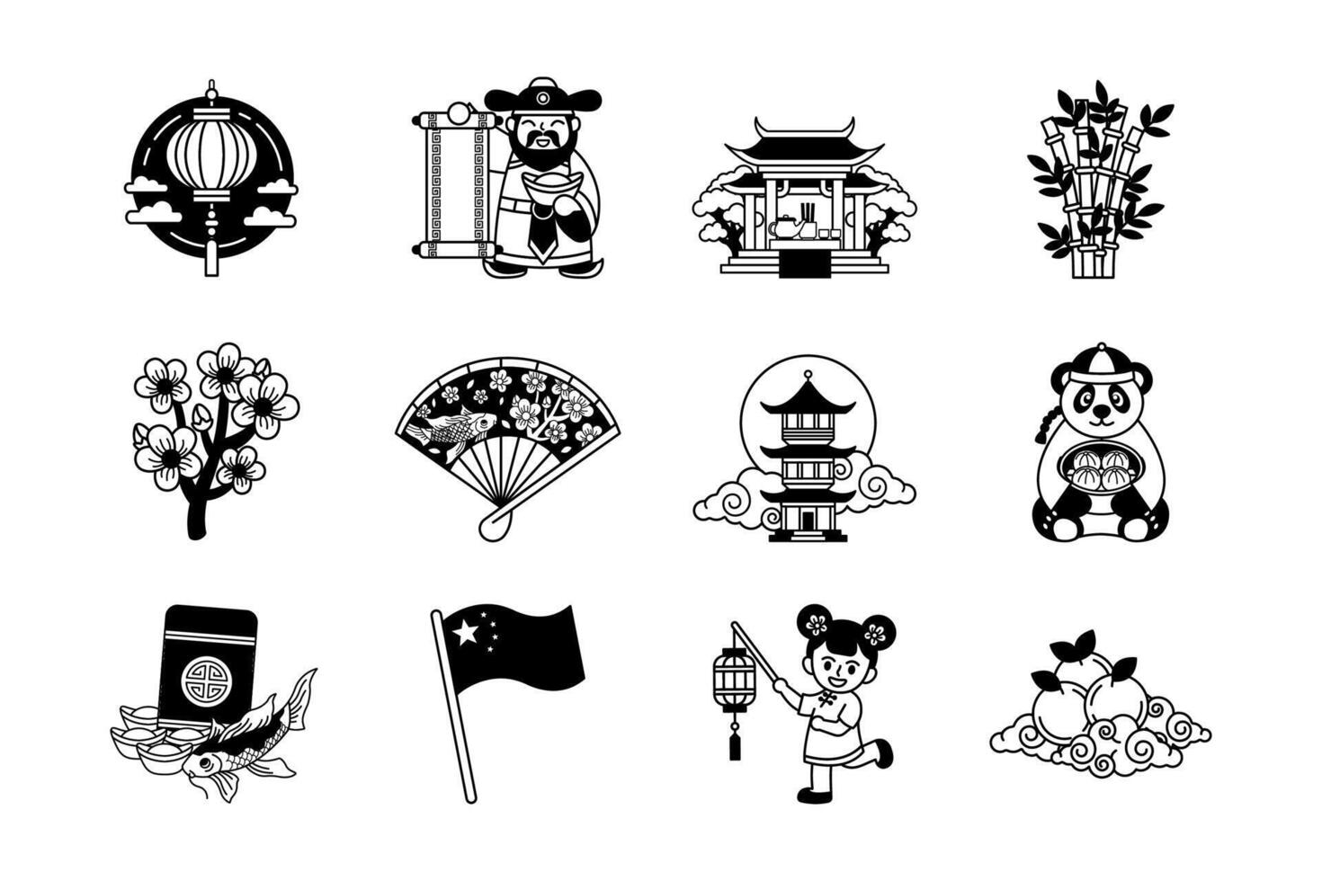 black and white illustration of chinese culture and chinese new year items collection vector