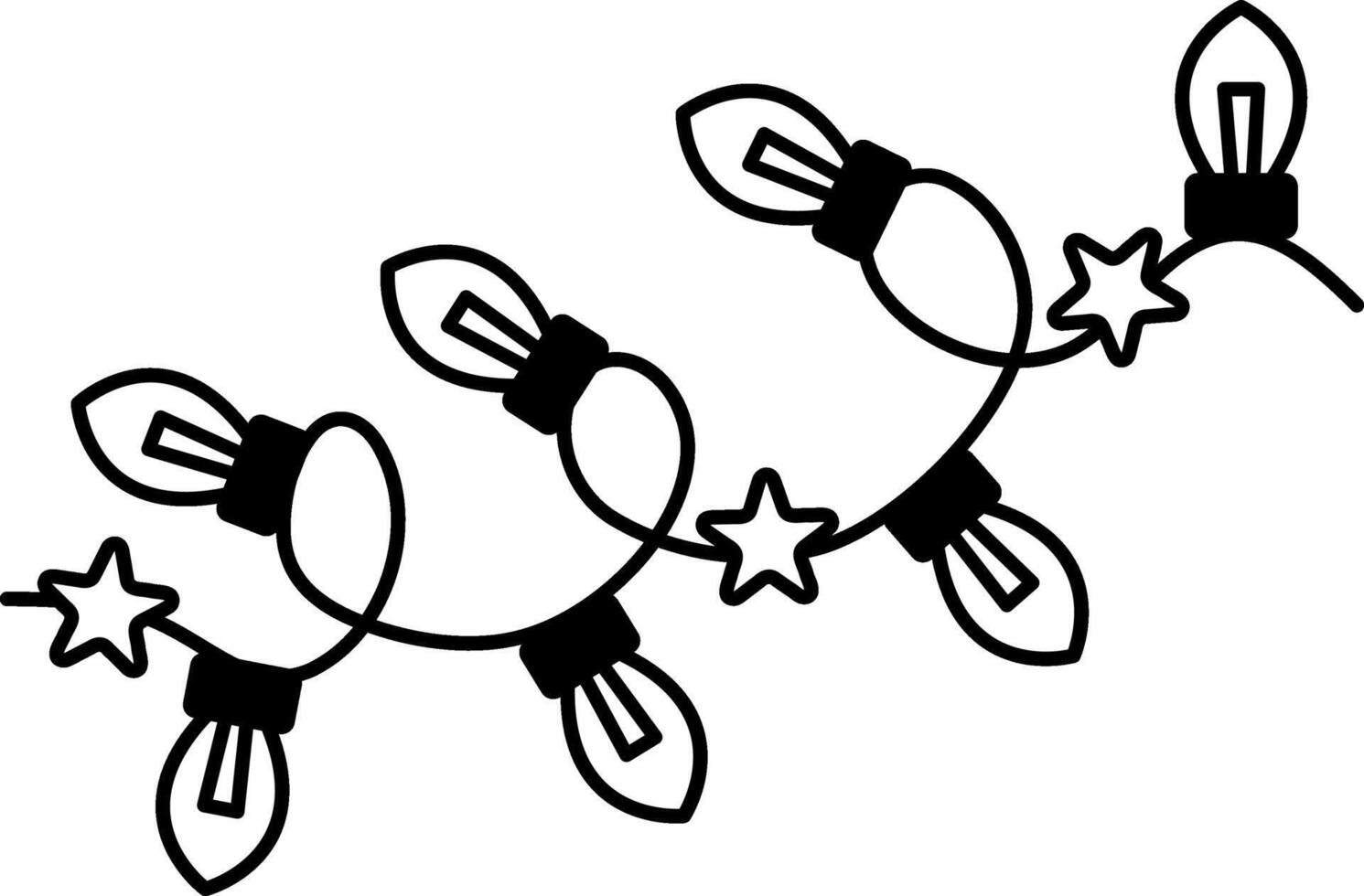 black and white illustration of a string of Christmas lights and stars vector