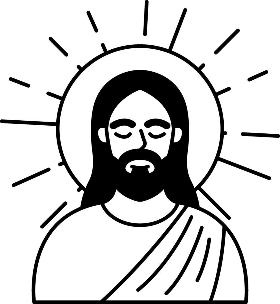 black and white illustration of Jesus has a glowing aura behind him vector