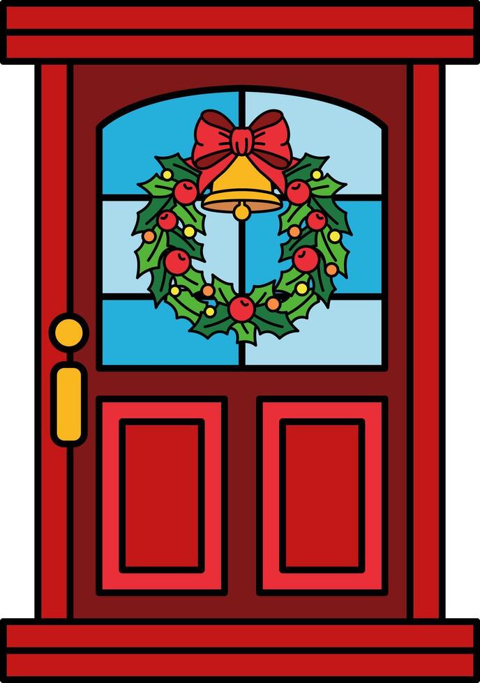 A red door with a wreath hanging on it vector