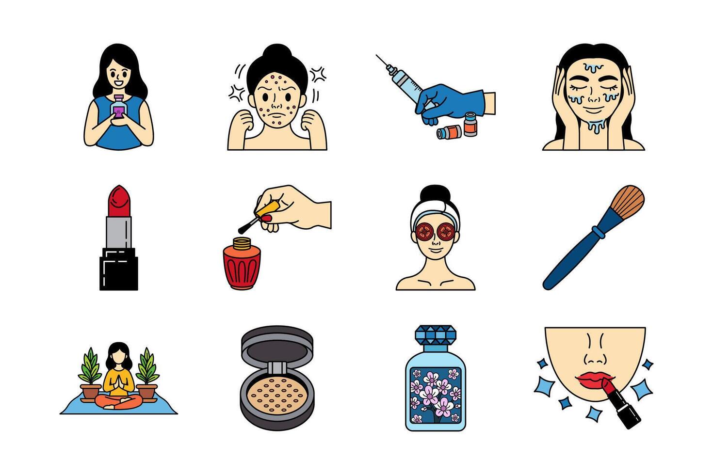 Illustrations of skincare and cosmetic items vector