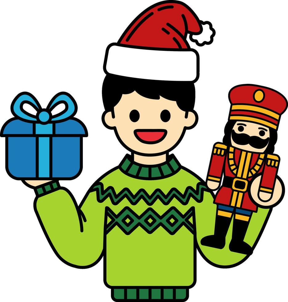 A man is holding a nutcracker and a gift box vector