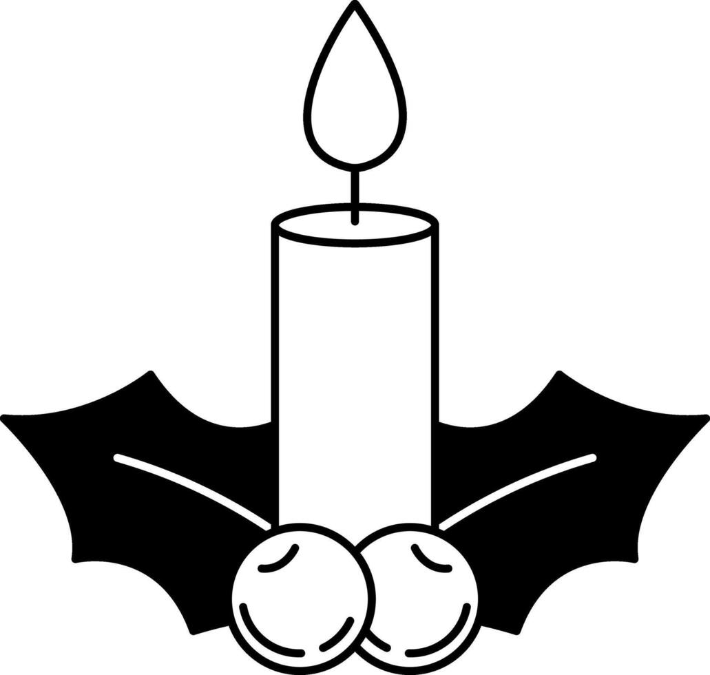 black and white illustration of a candle is lit and holly berries vector