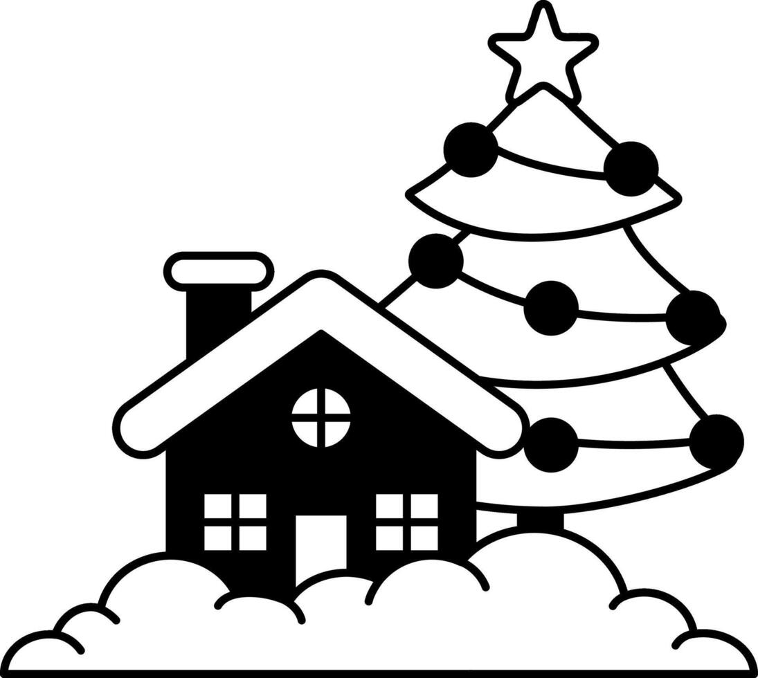 black and white illustration of a house with a Christmas tree vector