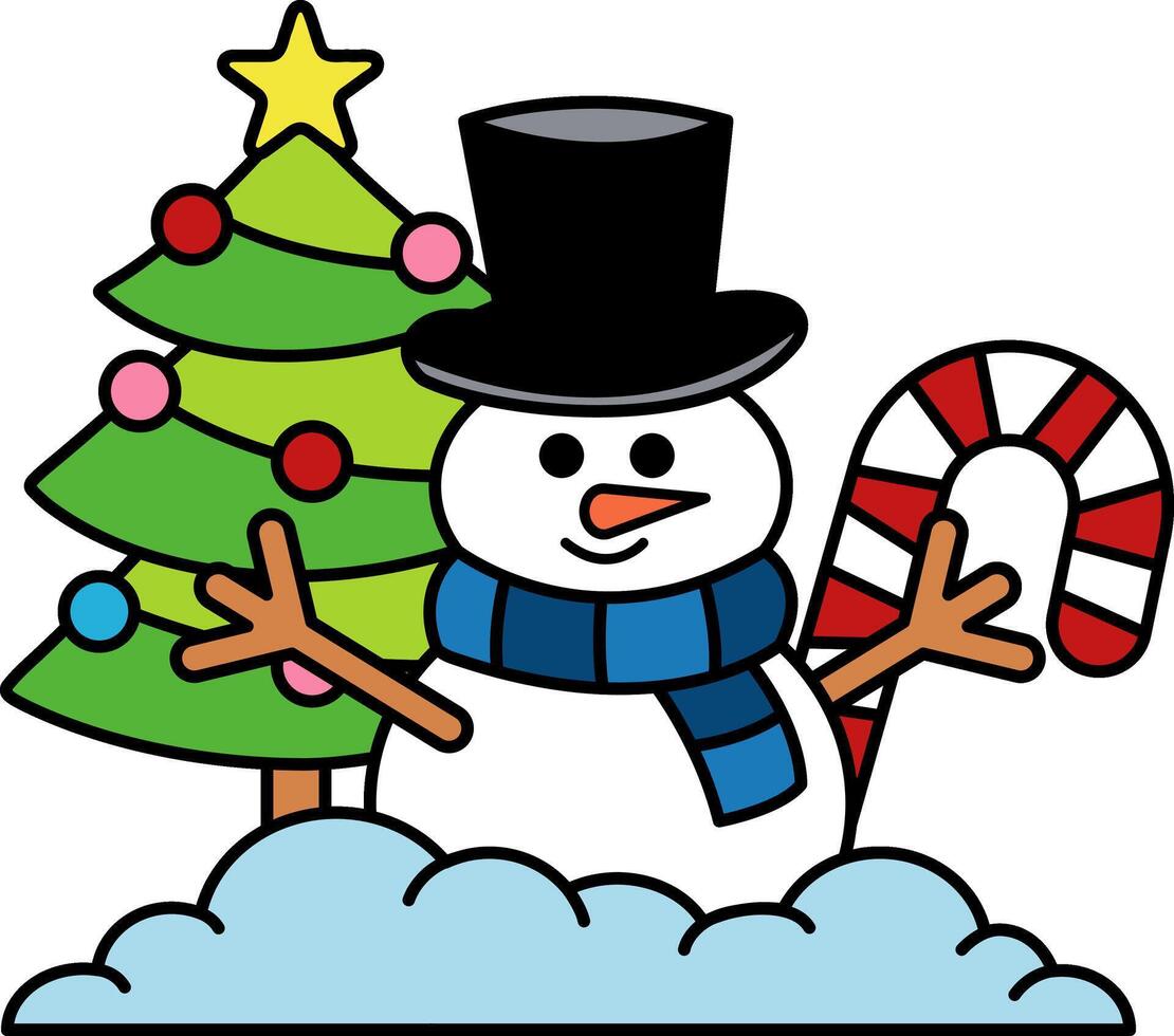 snowman candy cane and Christmas tree vector