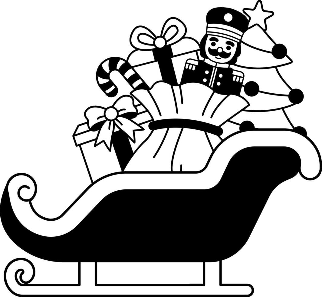 black and white illustration of a sleigh is filled with presents vector