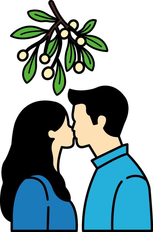 A man and woman are kissing under a bouquet of mistletoe vector