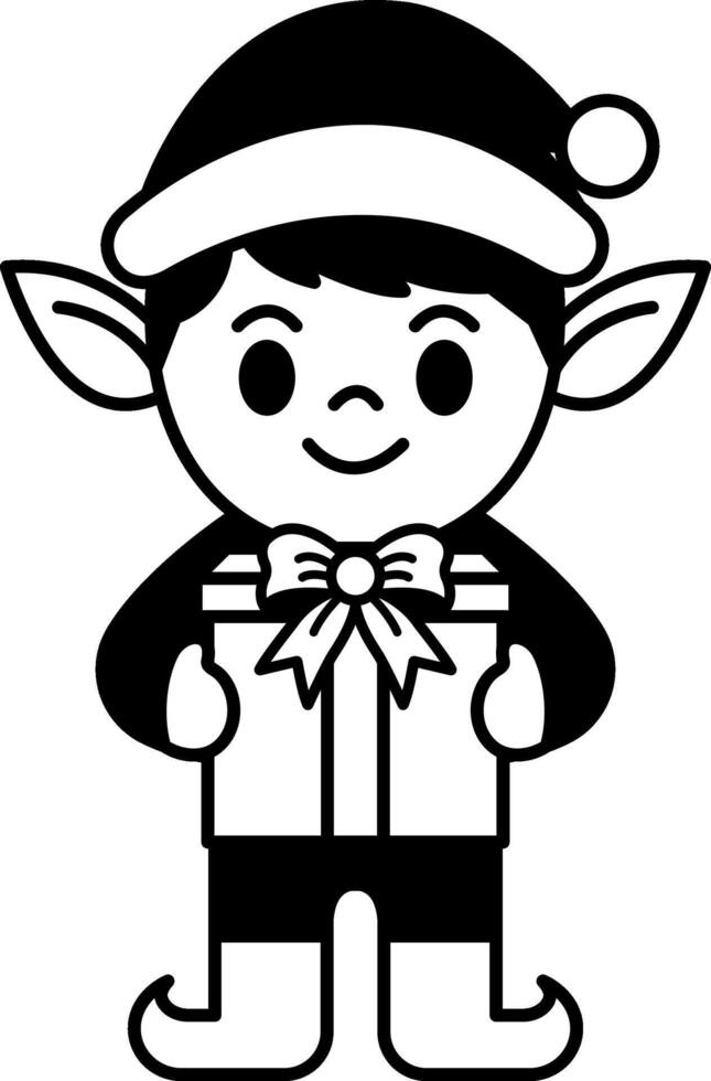 black and white illustration of an elf is holding a present vector