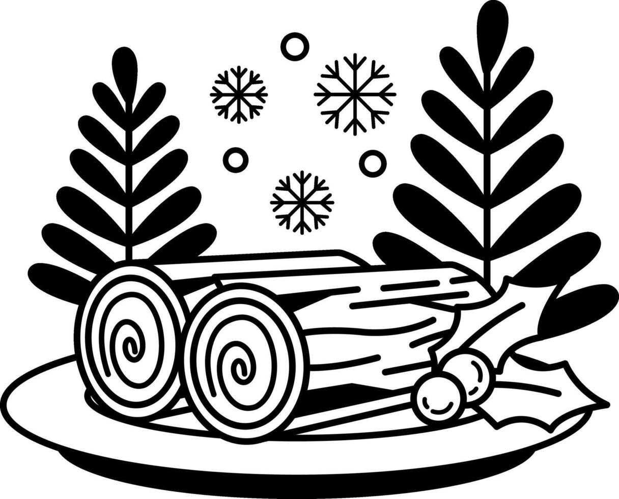 black and white illustration of a plate of Yule Log cake vector