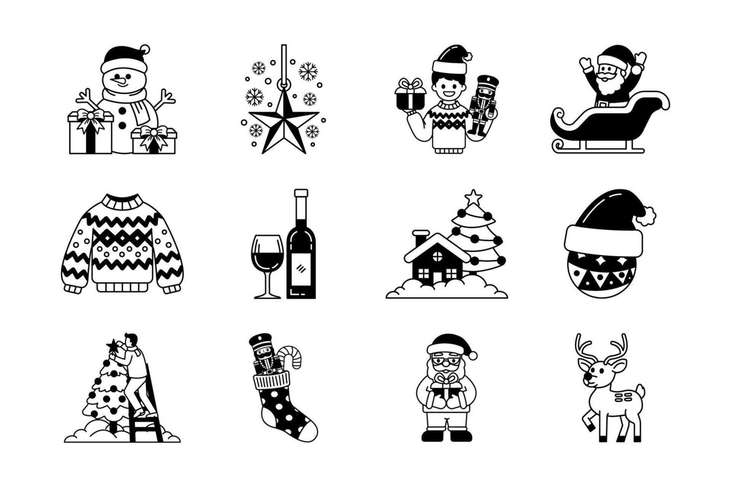 black and white illustration of christmas things set vector