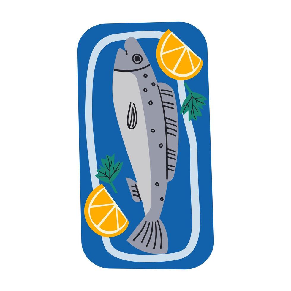 Healthy grilled whole fish on a plate illustration. Baked whole fish icon isolated on a white background. Fried fish vector
