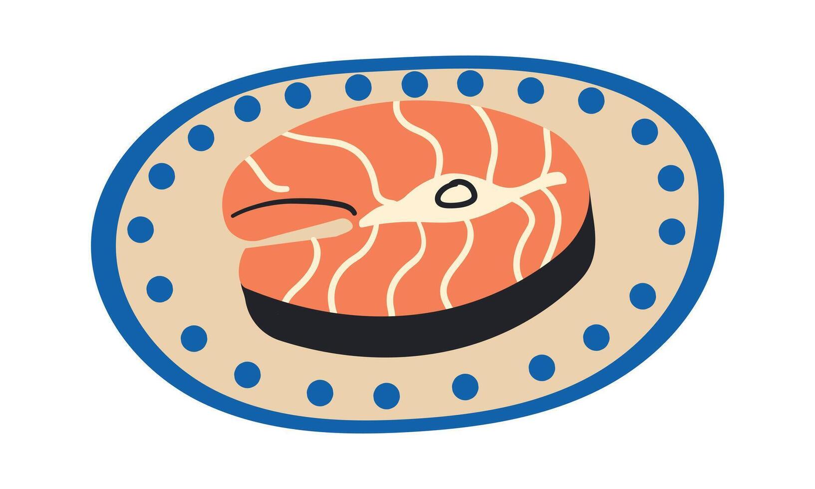 Grilled salmon fillet fish on plate. Cooked tuna steak . Cartoon sea food illustration isolate on white . vector