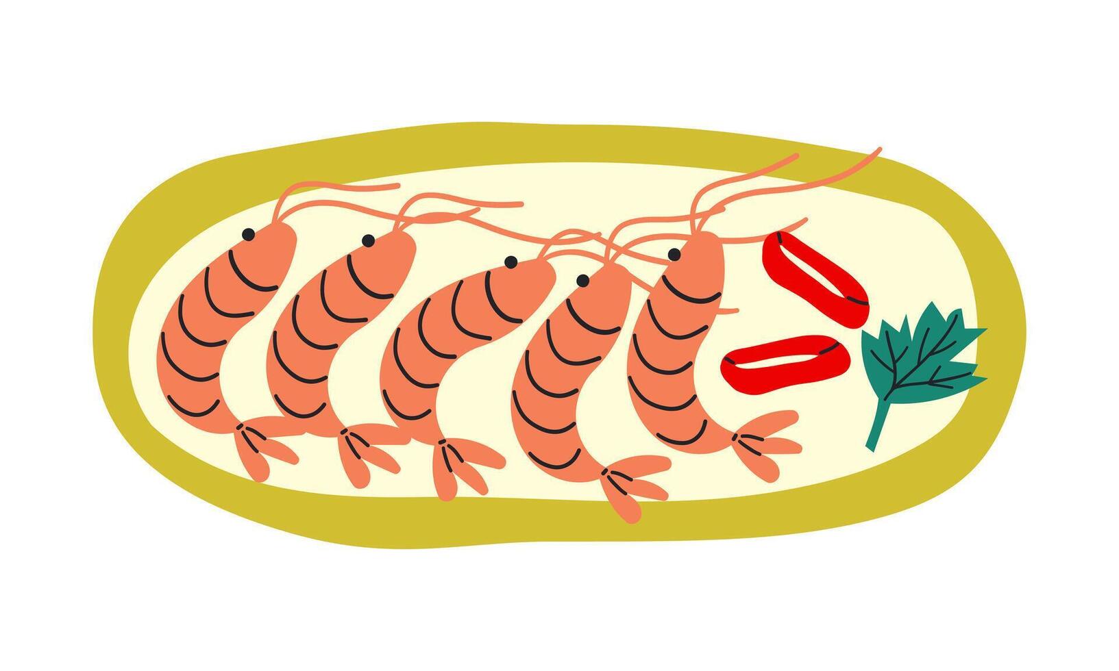 Set of shrimp tempura shrimp on plate for Asian or Mediterranean fast food and takeaway restaurants . Hand drawn illustration isolate on white . vector