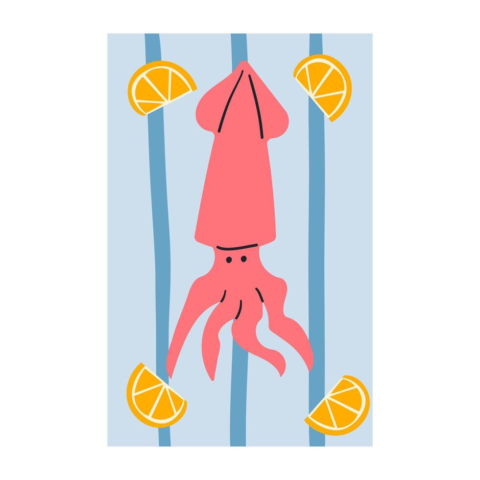Seafood meals in cartoon style. on plate. Isolated illustration. Hand drawn Mediterranean sea food , summer vibe . Squid food on a plate . vector