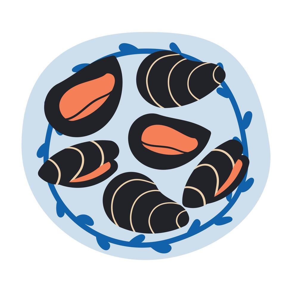 PrintMussels on plate isolated on white background, Fresh New Zealand mussels on illustration isolated on white background. Asian or Mediterranean sea food vector