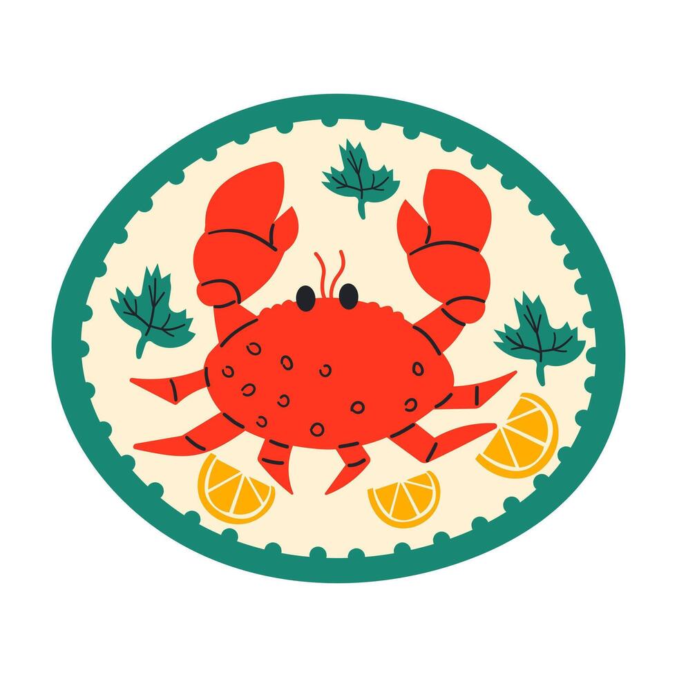 Singapore Chilli Crab in illustration , Mediterranean sea food , summer vibe . Red crab on hand drawn plate with lemon vector