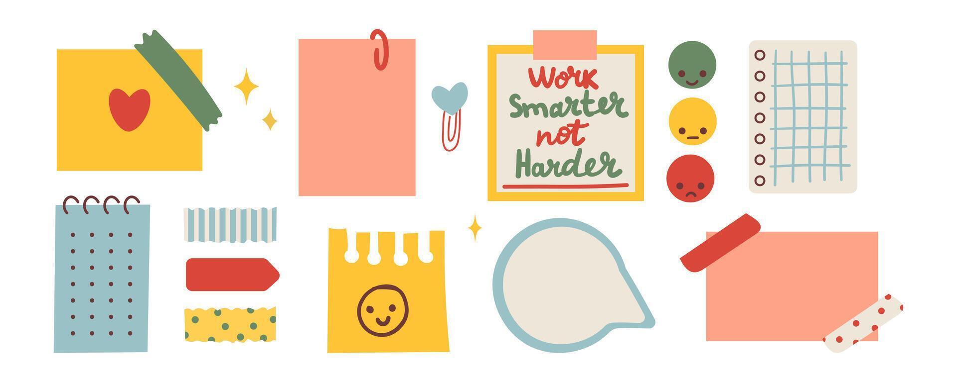 Various Paper notes on stickers. Information board with blank Paper sticky notes for reminders, to do list, planner, schedule. Hand drawn hand drawn illustration. Cartoon style isolated . vector