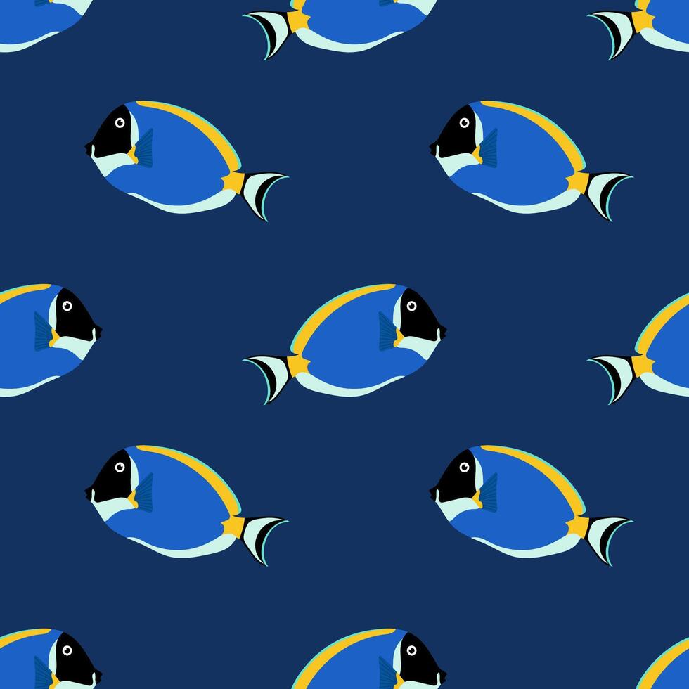 Blue surgeonfish. Pattern with tropical fish on blue background. For ocean-themed textiles, wallpapers and packaging, postcards or covers. vector