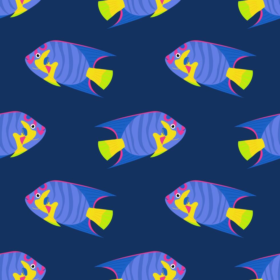 Seamless pattern with tropical fish on blue background. For textiles, wallpapers and packaging, postcards or covers. vector