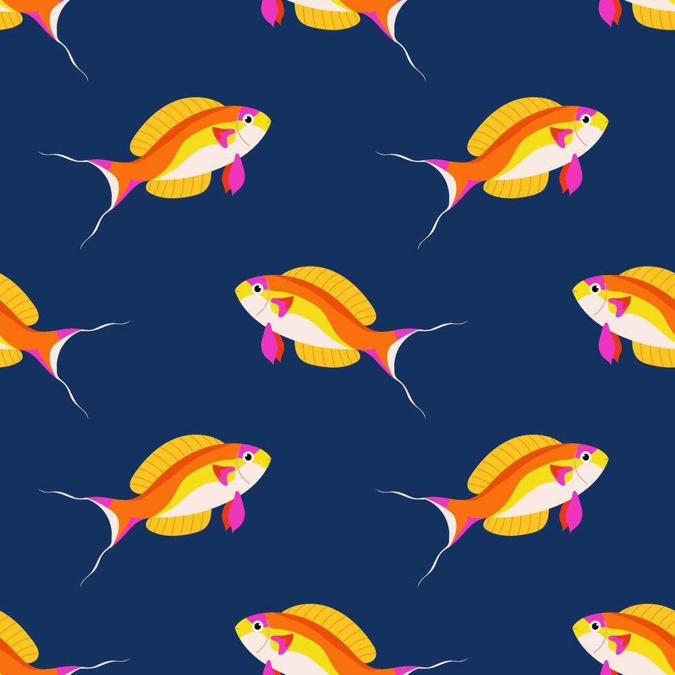Pattern with coloured fish on blue background. For ocean-themed textiles, wallpapers and packaging, postcards or covers. vector