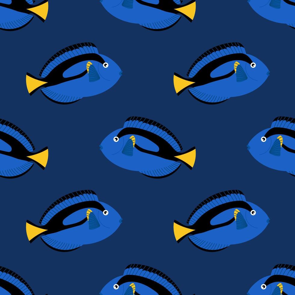 Blue surgeonfish. Seamless pattern with tropical fish on blue background. For ocean-themed textiles, wallpapers and packaging, postcards or covers. vector
