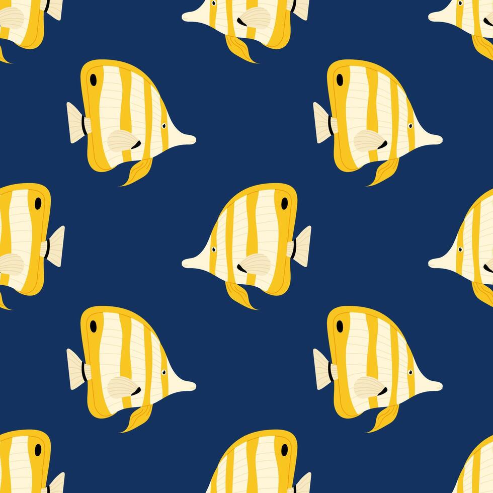 Butterflyfish. Seamless pattern with tropical fish on blue background. For ocean-themed textiles, wallpapers and packaging, postcards or covers. vector