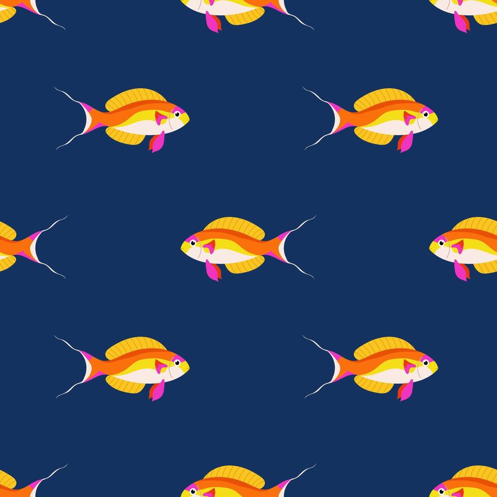 Seamless pattern with coloured fish on blue background. For ocean-themed textiles, wallpapers and packaging, postcards or covers. vector