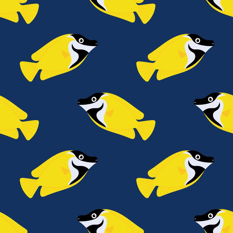 Seamless pattern with yellow tropical fish on blue background. For textiles, wallpapers and packaging, postcards or covers. vector