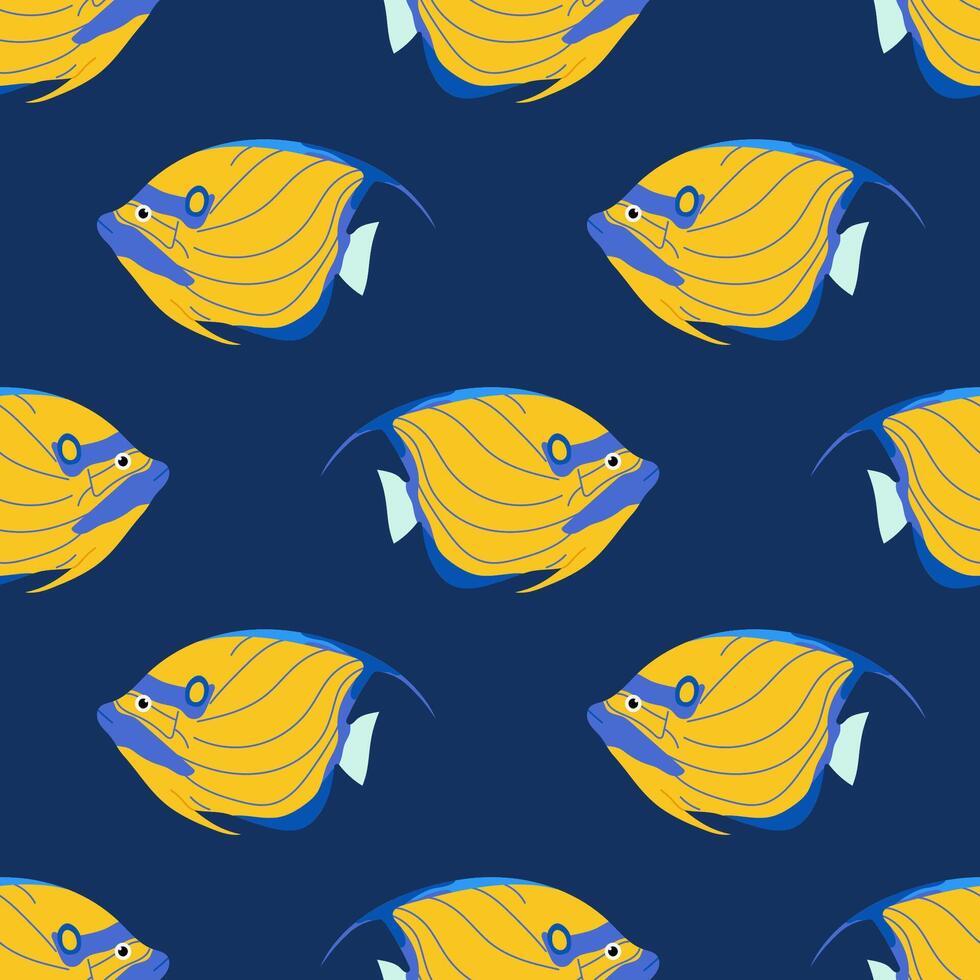 Yellow striped fish. Pattern with tropical fish on blue background. For ocean-themed textiles, wallpapers and packaging, postcards or covers. vector