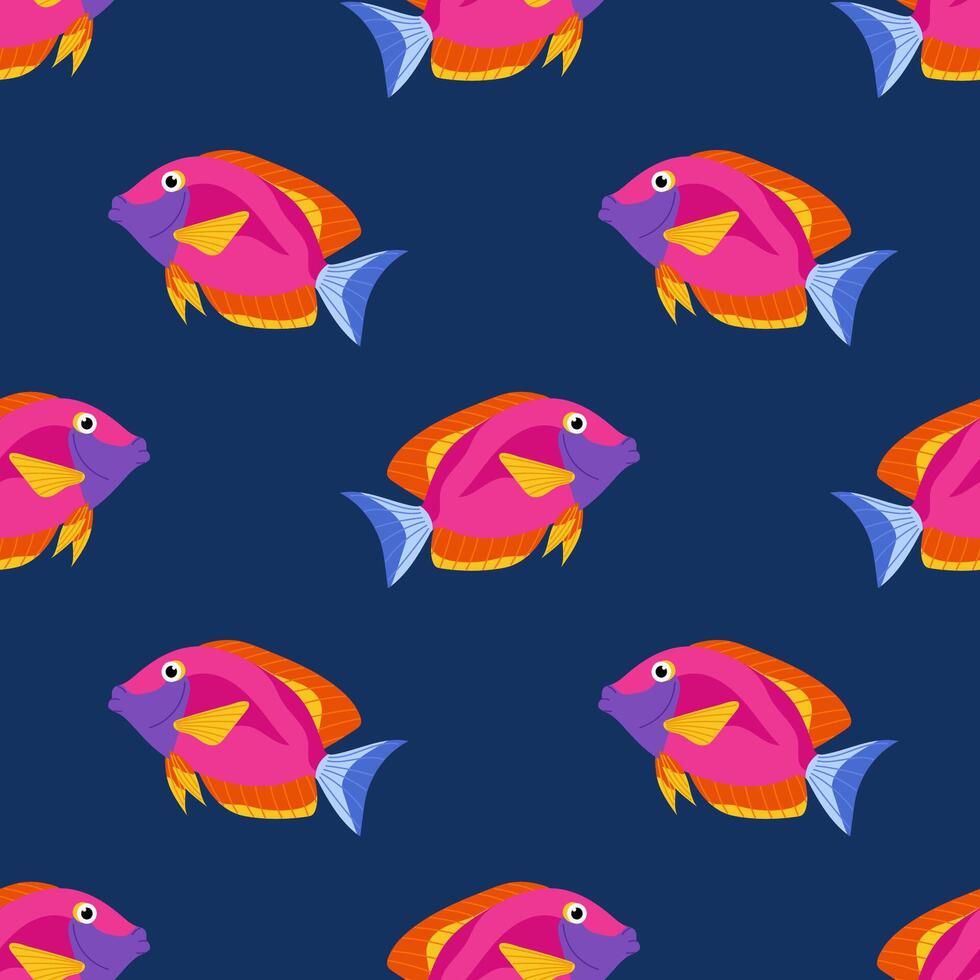 Multicoloured bright sea or ocean fish pattern. Tropical fish on blue background. For ocean-themed textiles, wallpapers and packaging, postcards or covers. vector