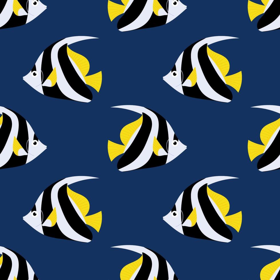 Seamless pattern with tropical striped fish on blue background. For ocean themed textiles, wallpapers and packaging, postcards or covers. vector