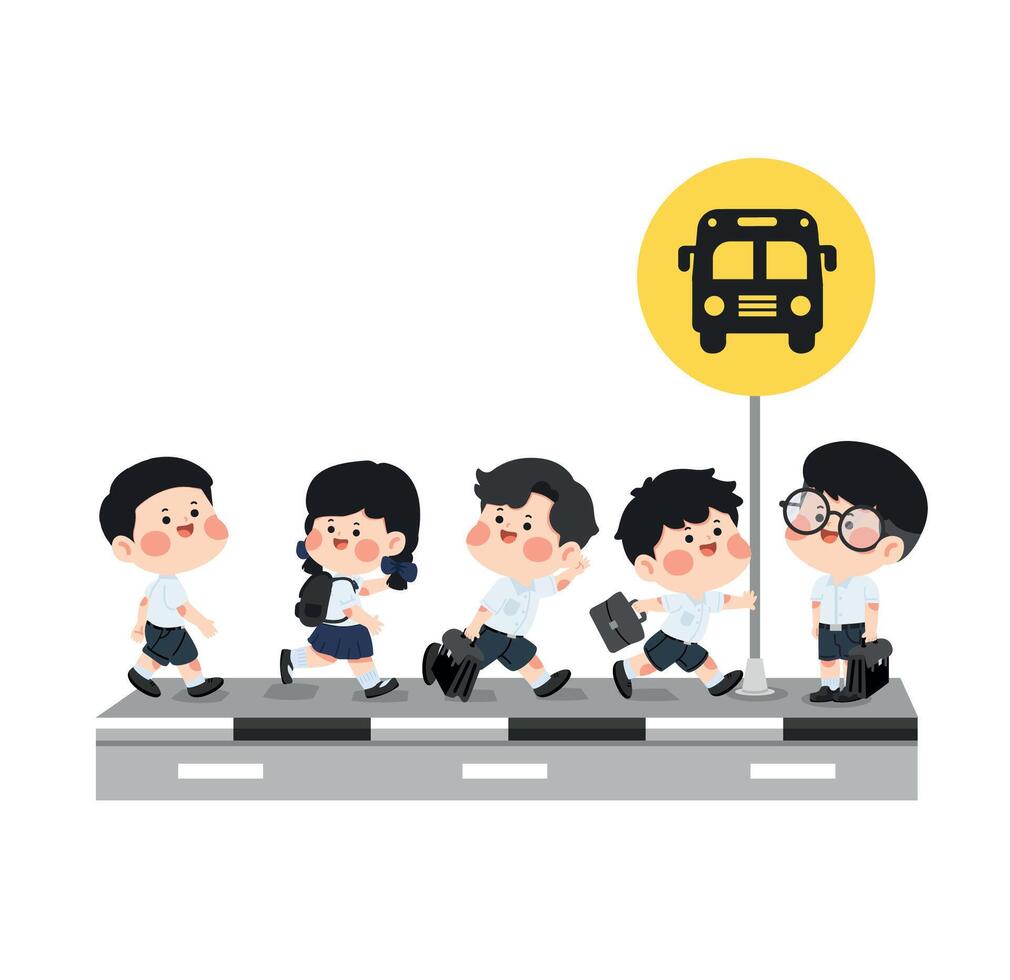 Cartoon School Children Walking to Bus Stop vector