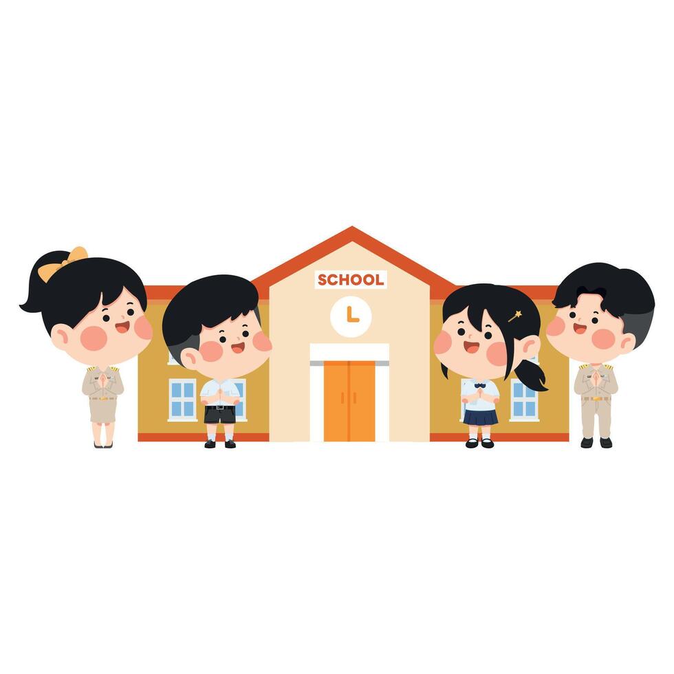 Cartoon Students and Teachers in Front of School vector