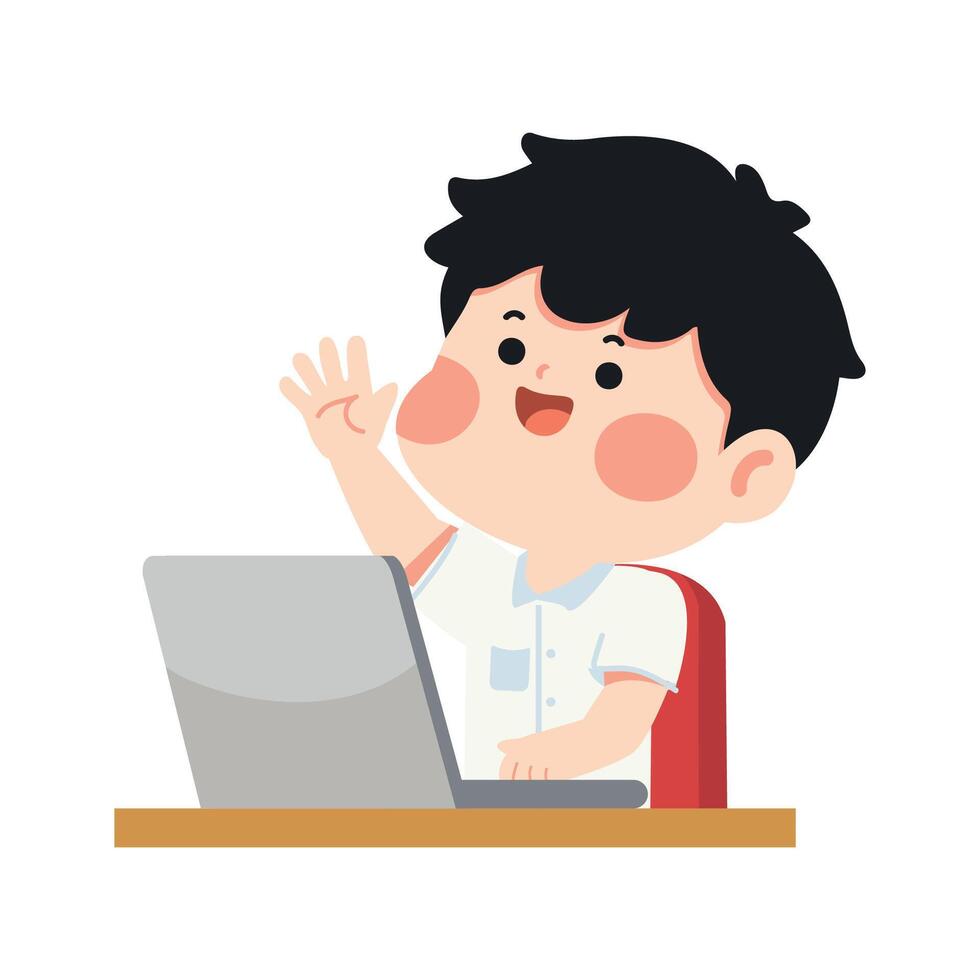 Cartoon Boy Waving at Laptop Computer vector