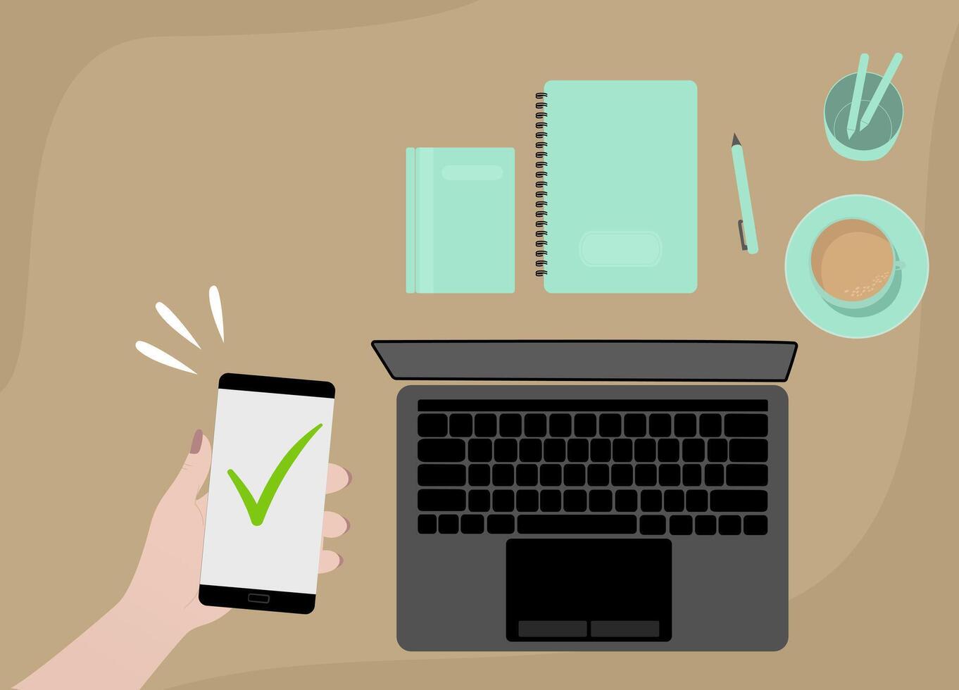 Human Hands Holding Smartphone and finishing the job. Character received Check Marks on smartphone. Giving Five Star Feedback and Review. User Experience Concept. Flat Cartoon Illustration. vector