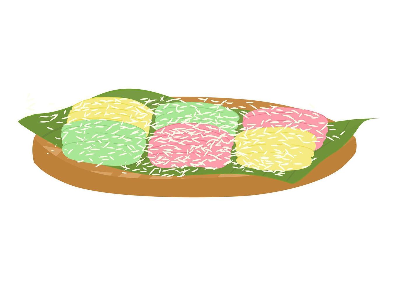 Getuk Lindri with sprinkles of grated coconut. Indonesian dish made from grounded boiled cassava, mixed with grated coconut, sugar and mixed with food coloring. vector