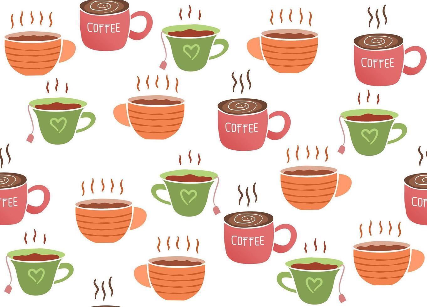 Seamless pattern with flying hot cups of coffee and tea. Cute colorful tea cups with steam, eatery background. vector