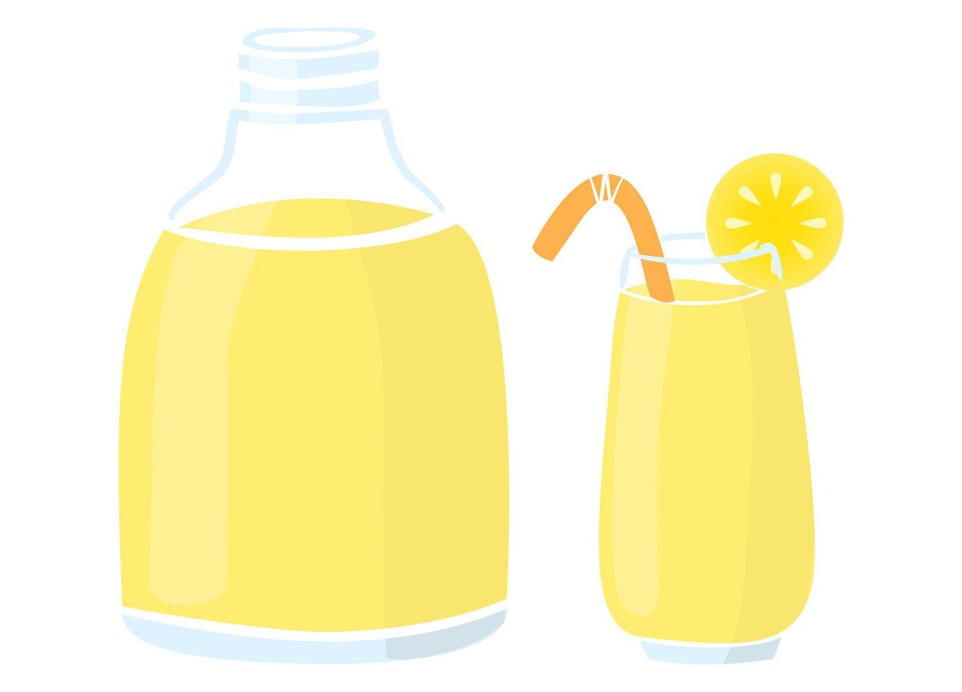 Refreshing juicy lemonade illustration. Glass with straw and bottle. Simple illustration for summer concept. vector