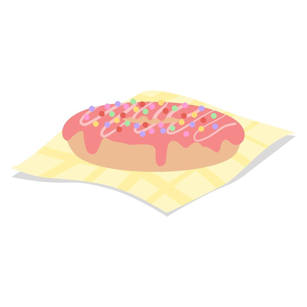 Delicious donut is on a yellow napkin with pink glaze and colorful sprinkles vector