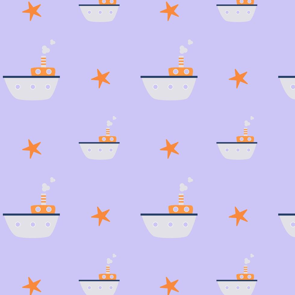 Nautical pattern with small steamers on a blue background for children's clothing and textiles vector