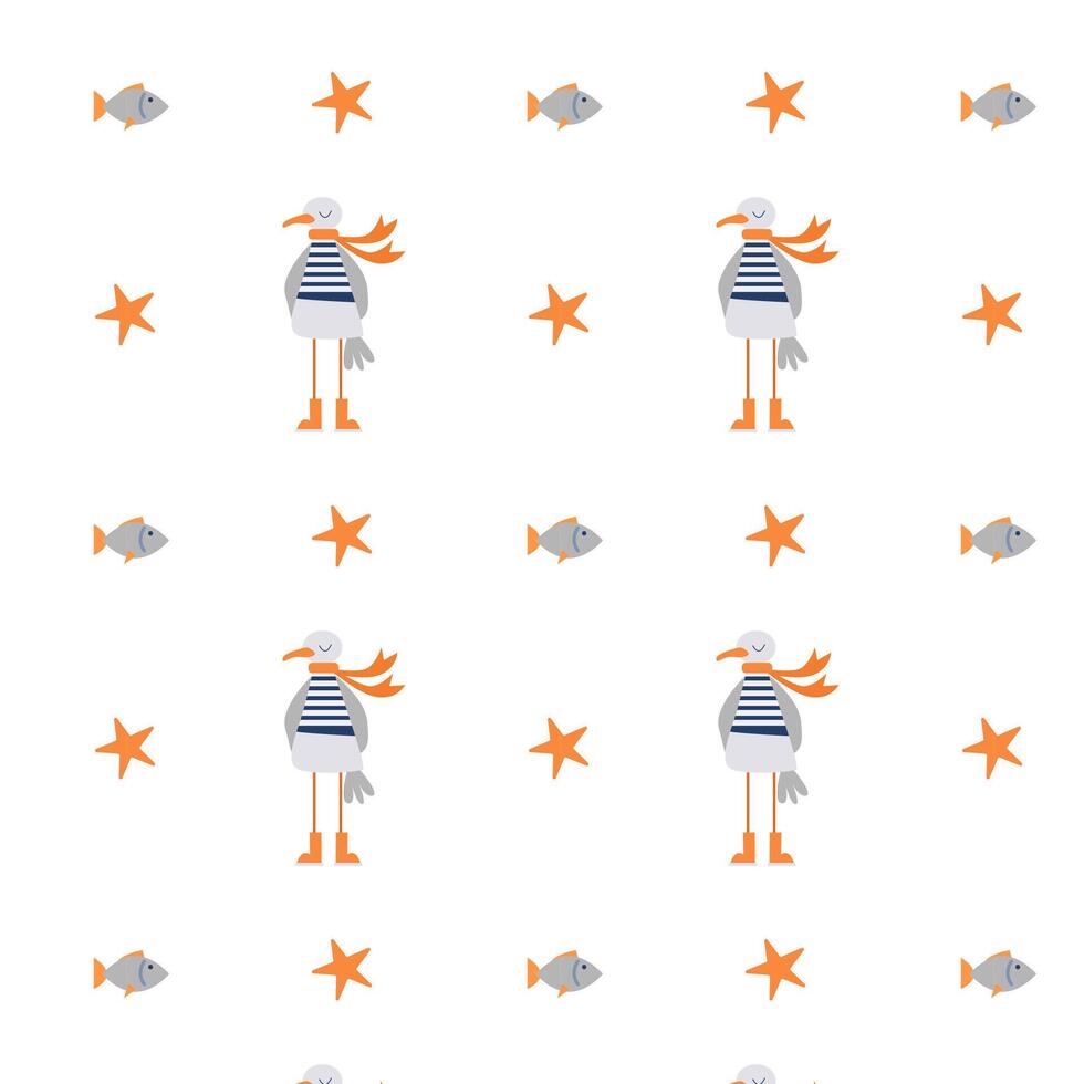 Cute marine pattern with a seagull and fish on a white background for children's clothing and textiles vector