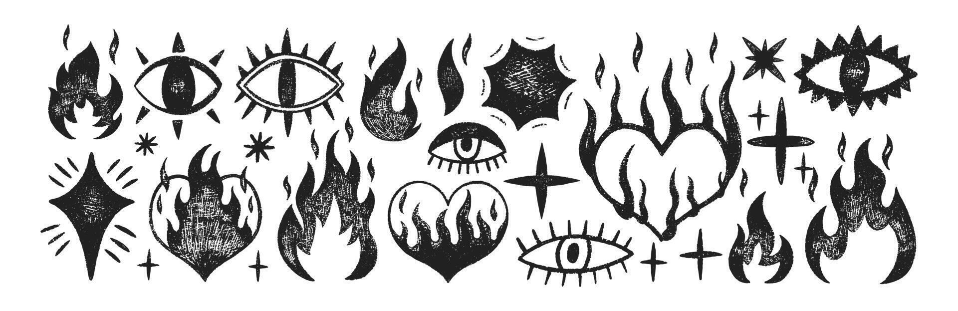 Set of stars, fire flames, eyes and hearts with crayon, pastel or chalk texture. Doodle elements with organic texture for collage or kids design. Black illustration on a white background. vector