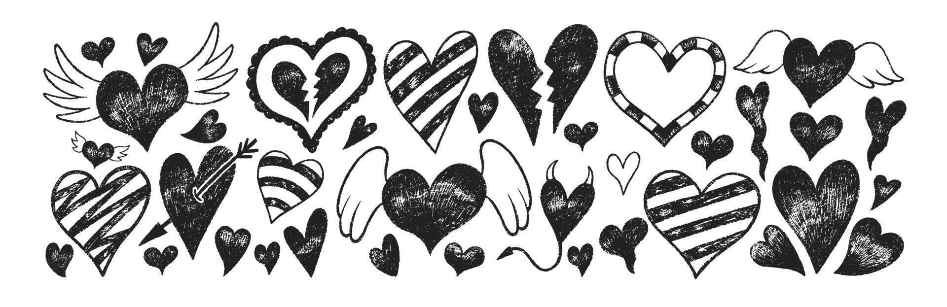Collection of doodle hand drawn hearts and love symbols with crayon, pastel, chalk or pencil texture. Grunge elements in sketch style. Black illustration isolated on a white background. vector