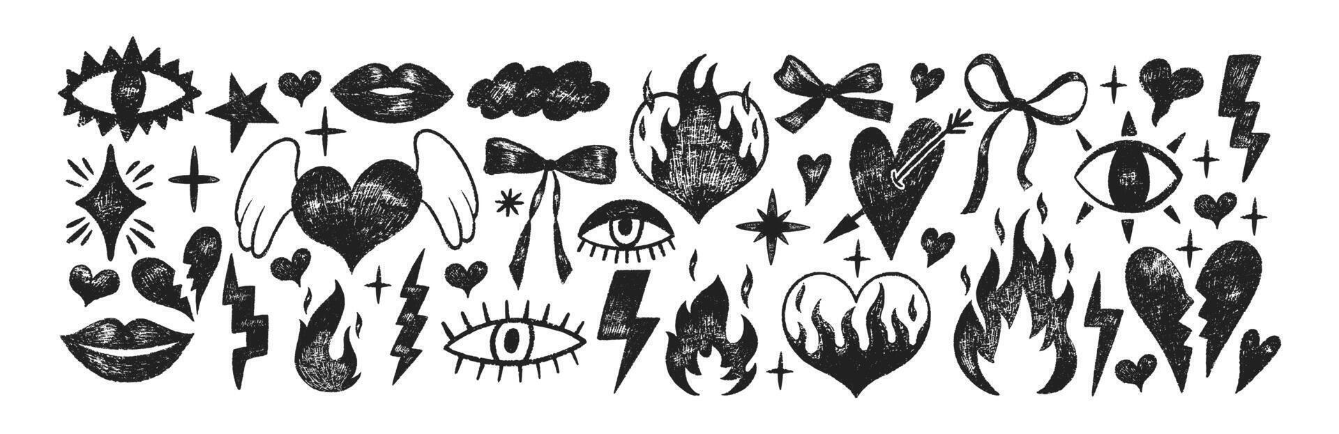 Set of stars, fire flames, eyes, lightning bolts, bows and hearts with crayon, pastel or chalk texture. Doodle elements for collage or kids design. Black illustration. vector