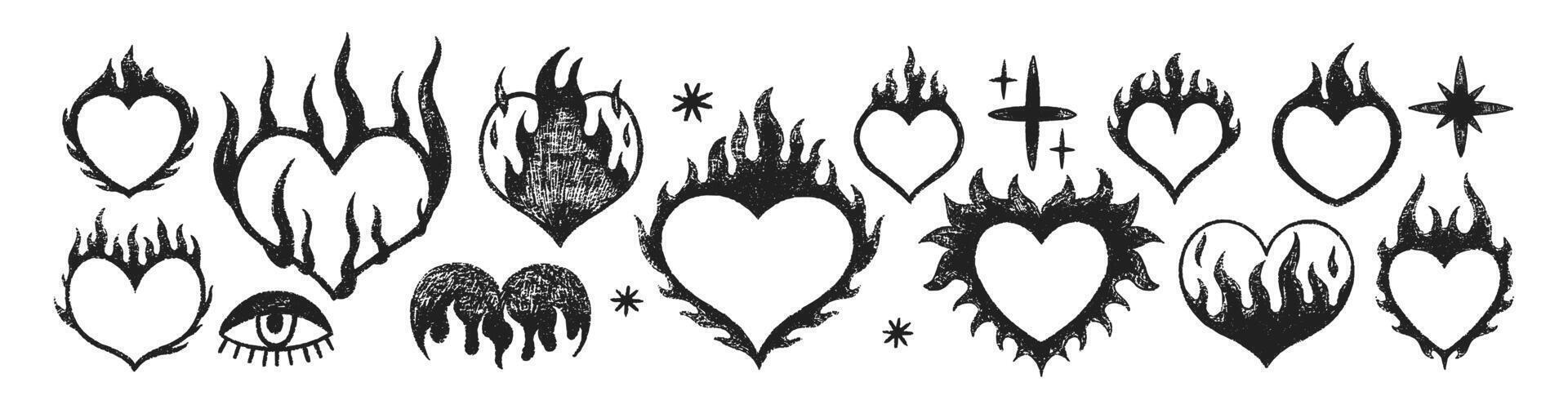 Set of hearts with flames with crayon, pastel or chalk texture. Y2k grunge doodle design for tattoo. Black illustration on a white background. vector