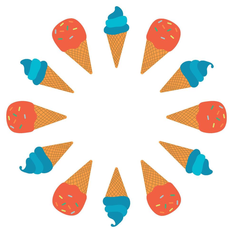 Colorful Ice Cream Cones Frame. illustration of colorful ice cream cones, both red with sprinkles and blue swirl. vector