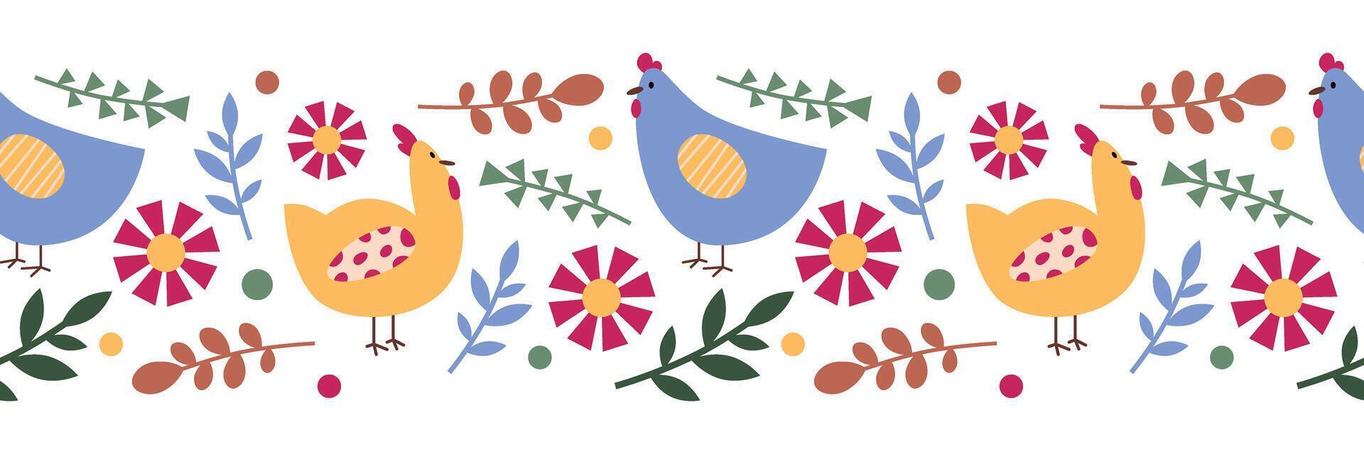 Colorful Chicken and Flower Seamless Border. Colorful Chicken and Flower perfect for decorative designs, with a lively and cheerful vibe. vector